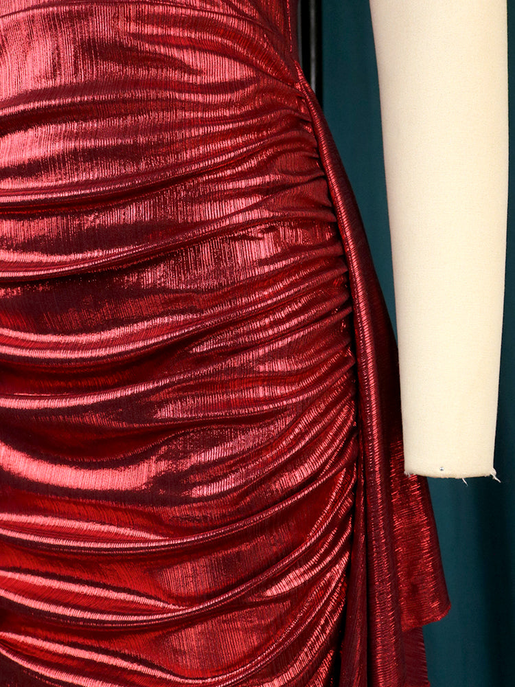 Women Shiny Party Long Dress Folds Short Lantern Sleeves Christmas Glitter Luxury Bodycon Elegant Sexy Prom Wedding Evening Gown