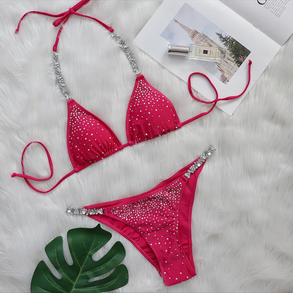 European and American spring and summer new solid color sexy hot diamond strapless backless seaside holiday beach low-cut suspenders briefs swimsuit