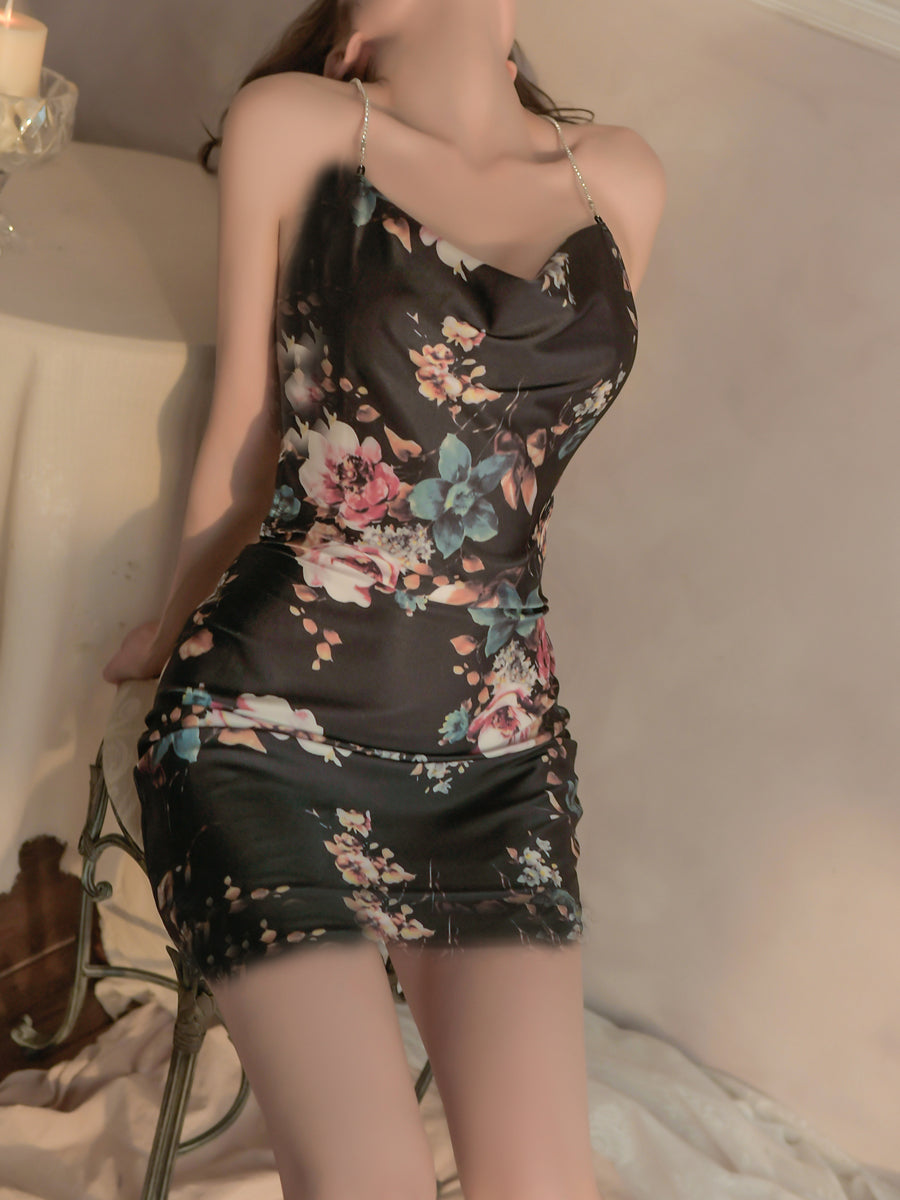 Women's halterneck sexy pajamas satin print ladies nightdress home halter short skirt