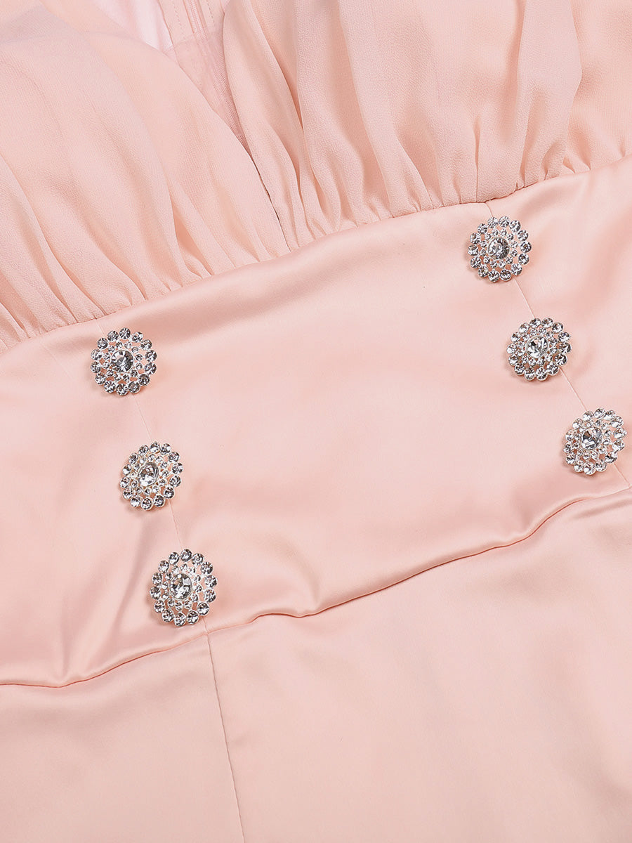 Pink Chiffon Elegant Hot Diamond Button Waist Pack  Dress