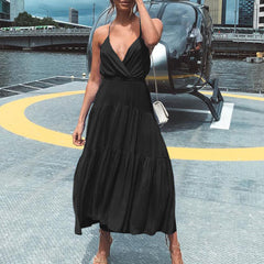 Celmia Ms. European and American style pure color temperament vacation style V-neck sexy fashion trend elegant loose leisure and elegant suspender dress