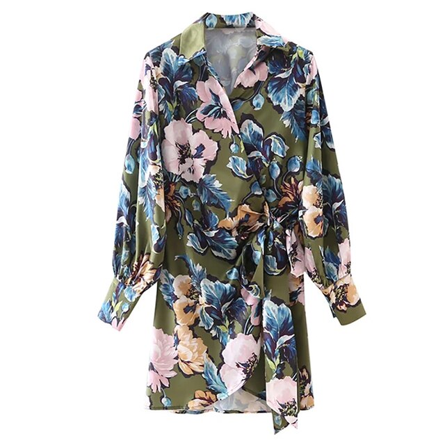 المرأة بوهو نمط الأزهار طباعة فستان قصير عادية بدوره إلى أسفل طوق فانوس فستان بكم طويل الإناث الجانب القوس تعادل فساتين 