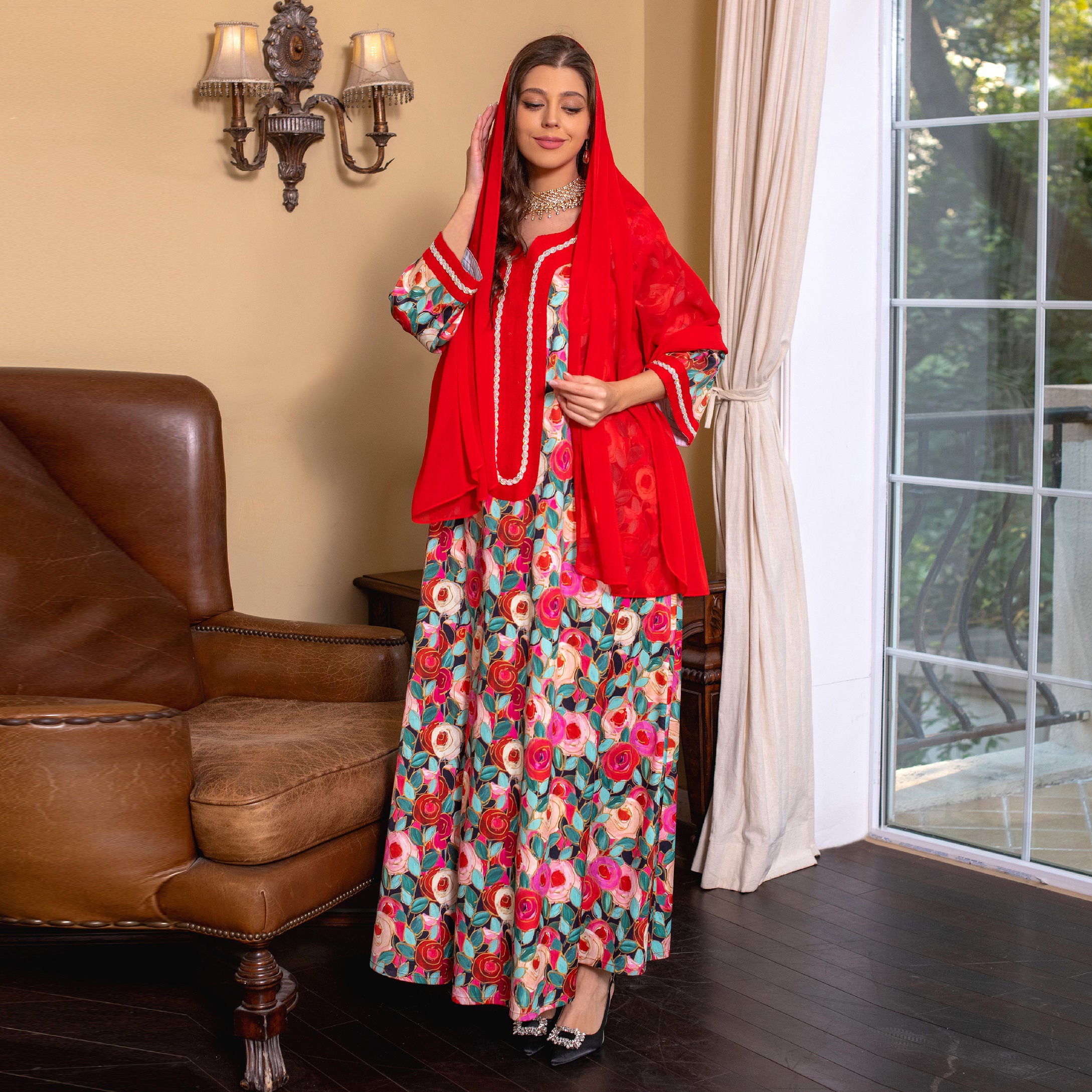 Middle East New Hand  Print Jalabiya Diamond  Robe Arabian Kaftan Saudi Dubai