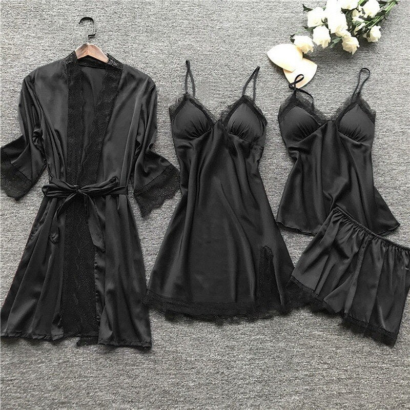 4PCS nightdress female lace suit sexy V-neck suspender nightdress comfortable pajamas nightdress spring nightdress fashion home service