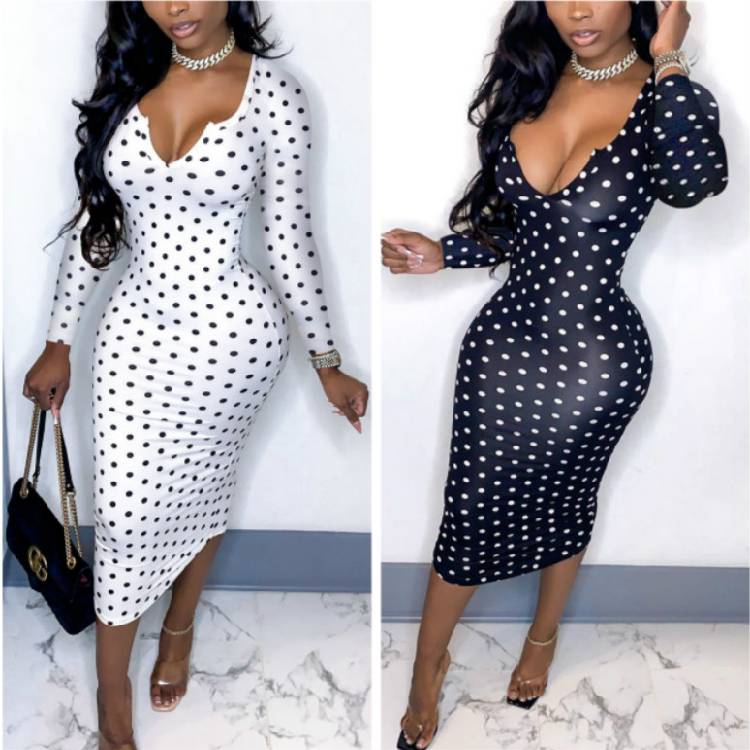 Deep V Low Cut Bodycon Midi Dress Vintage Women Polka Dot Sheath Dress Office Lady Skinny Long Sleeve Dress Autumn Spring