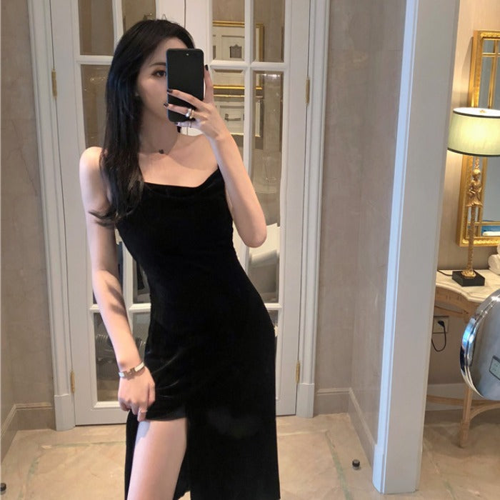 New 2022 Vintage Women Dress Spaghetti Strap Slit Velvet Black Dress Sexy Bodycon Bandage Dress Midi Party Dress Verano Vestidos