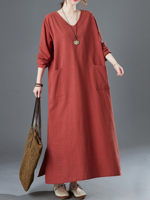 Ladies spring new retro cotton and linen V-neck plus fat to increase  long-sleeved dress robe
