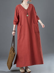 Ladies spring new retro cotton and linen V-neck plus fat to increase  long-sleeved dress robe