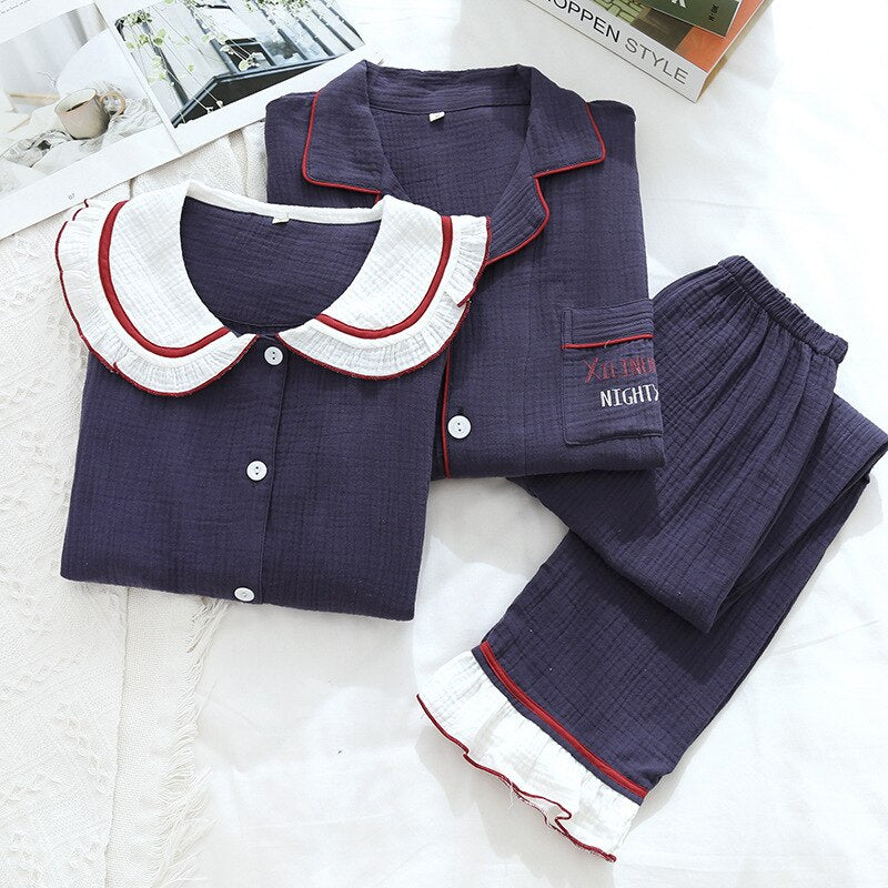 Cotton Crepe Pajamas Set For Women New Spring And Autumn Cloth Couple Long-Sleeved Suit Men Home Service Plus Size Nightgown