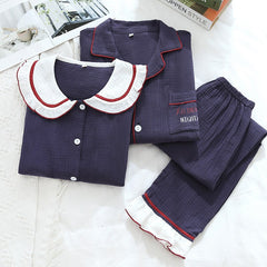 Cotton Crepe Pajamas Set For Women New Spring And Autumn Cloth Couple Long-Sleeved Suit Men Home Service Plus Size Nightgown