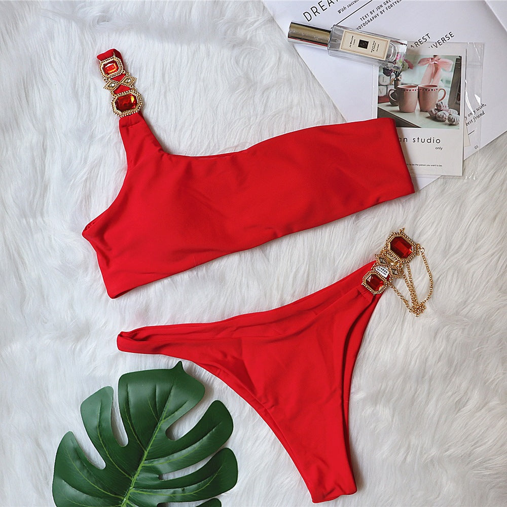 New Swimsuit Crystal Chain Female Split Swimsuit Plain One Shoulder Sexy Bikini