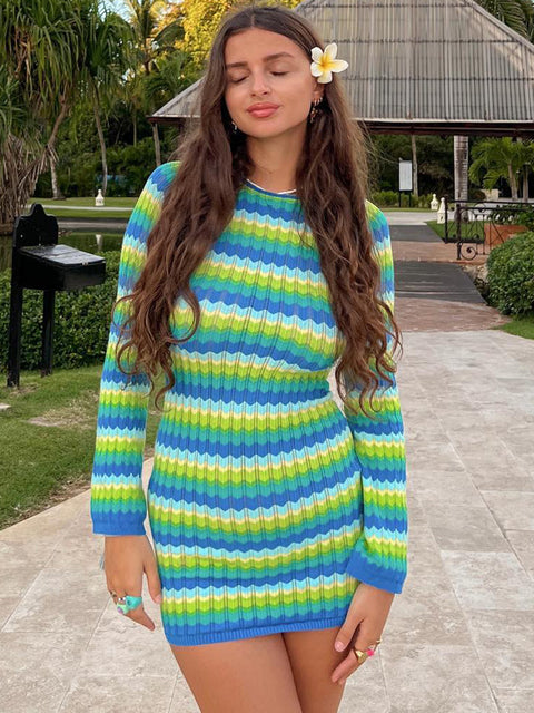 Women Long Sleeve Striped Beach Vacation Bodycon Mini Dress Streetwear