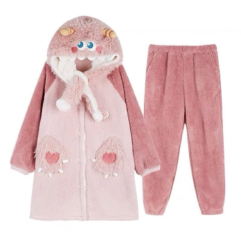 Little  coral velvet thickened plus velvet hooded nightgown female winter cute  long flannel bathrobe pajamas