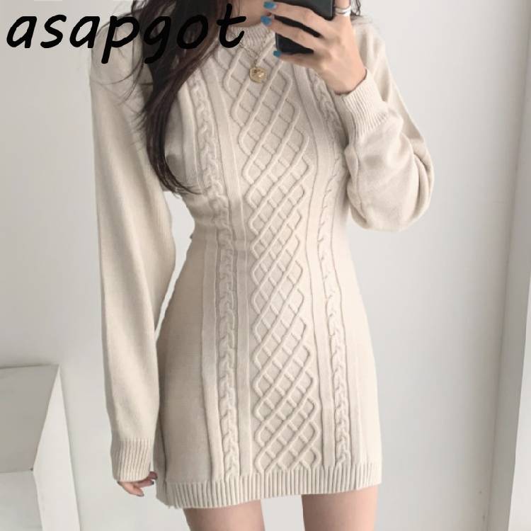 Korean Ins Autumn Winter Temperament Round Neck Sweater Dress Bodycon Open Back Slim Wrap Hip Knitted Dress Women Chic Thick