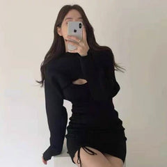 مجموعة فستان نسائي قصير مطوي بدون أكمام مع كيب Bodycon 2022 كامل الزي سترة الهانبوك