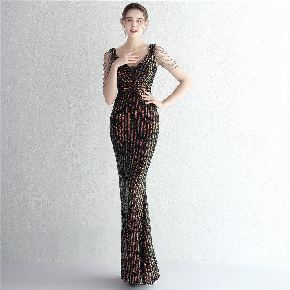New sequined ladies banquet temperament V-neck show figure long aura queen dinner fishtail skirt