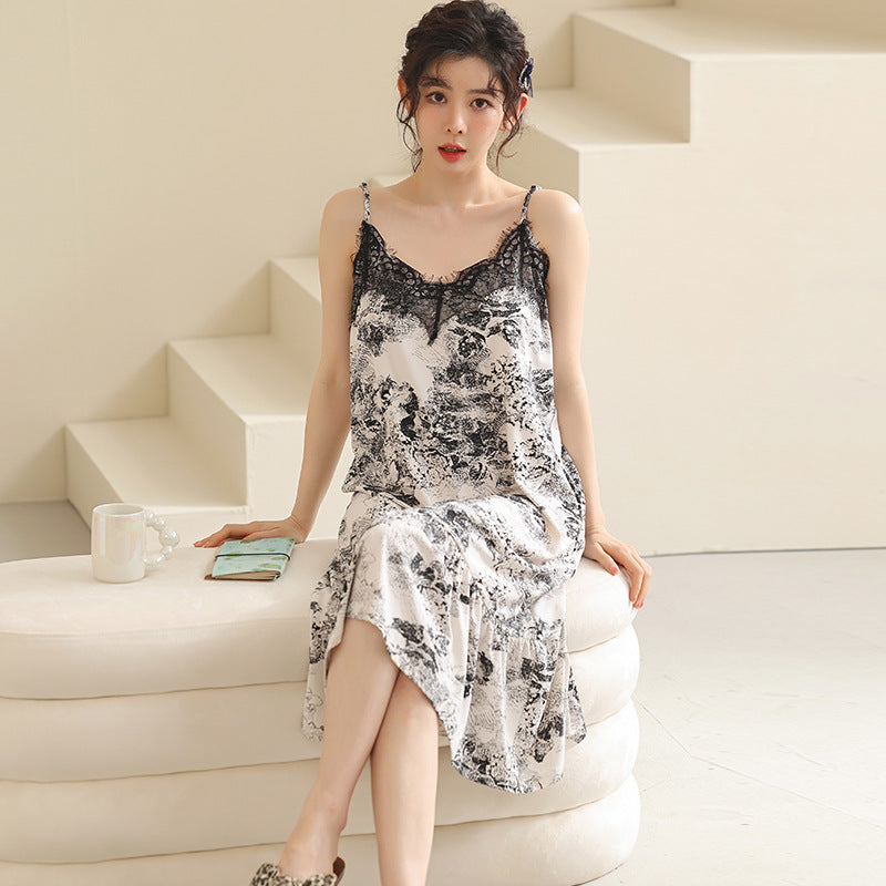 Summer Pajamas Girl Friend Sexy lace Strap Female Student Pajamas Retro Girls Korean Mid length Dress