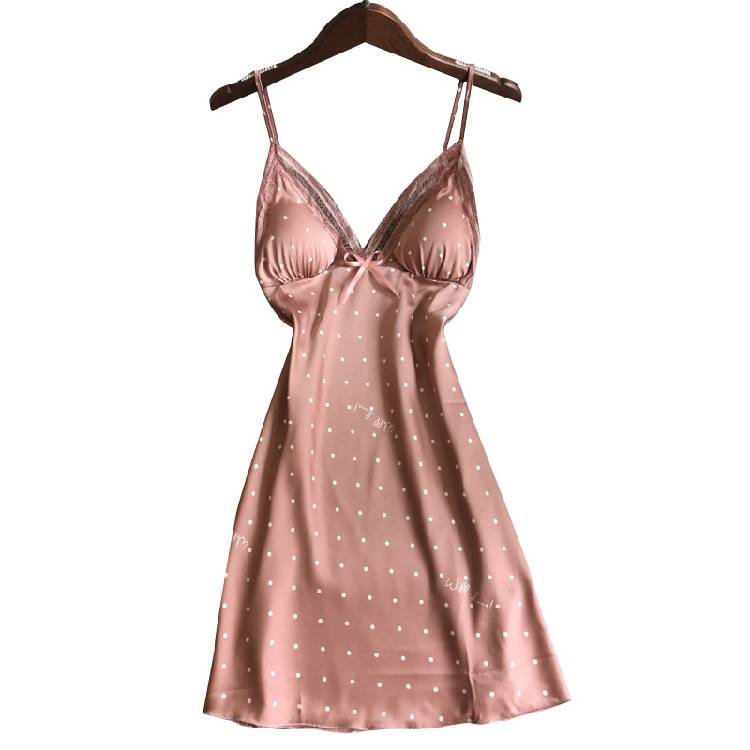 Summer Lace Dot Nightgown Women Thin  Out Ice Silk Strap Chest Pad Nightdress