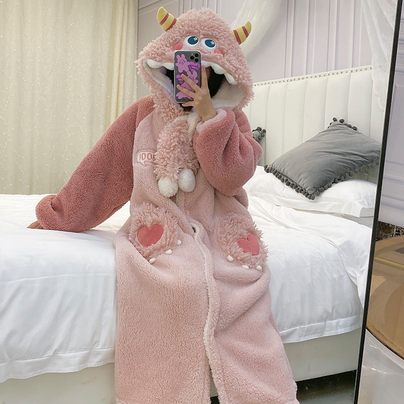 Little  coral velvet thickened plus velvet hooded nightgown female winter cute  long flannel bathrobe pajamas