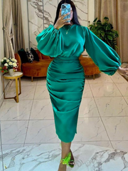 AOMEI Women Shiny Dress Green Long Sleeve Bodycon Satin Folds Midi Elegant Big Size Evening Christmas Party Birthday Outfits New
