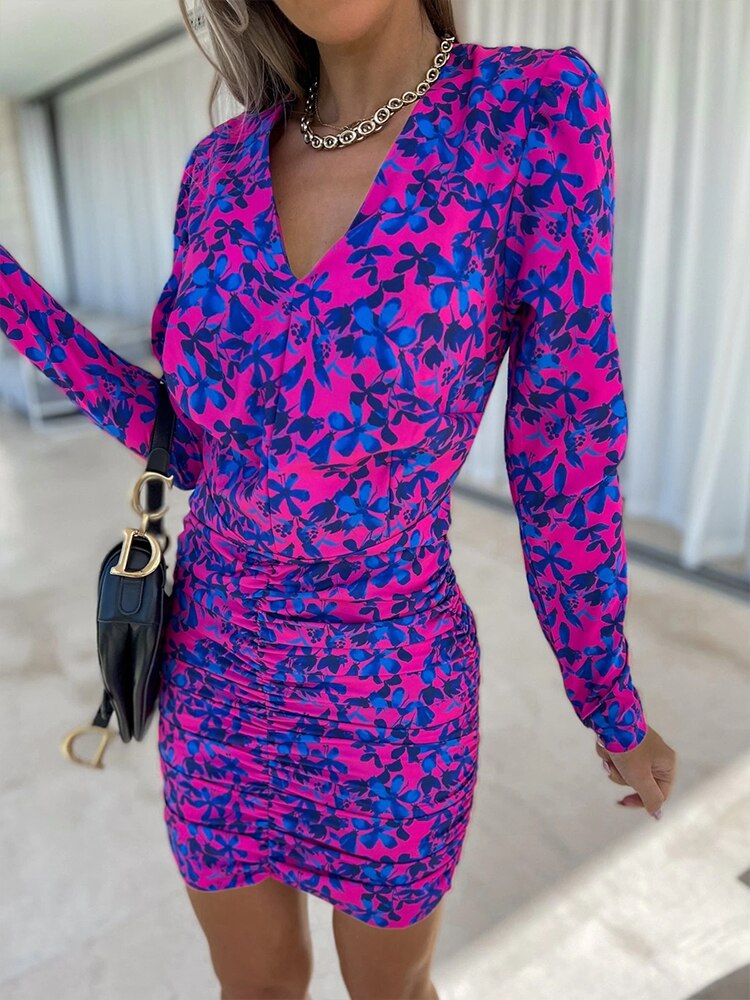 Spring Summer Casual V Neck Long Sleeve Mid Waist Short Dress New Elegant Slim Dresses Sexy Fashion Printed Bodycon Ladies Dress