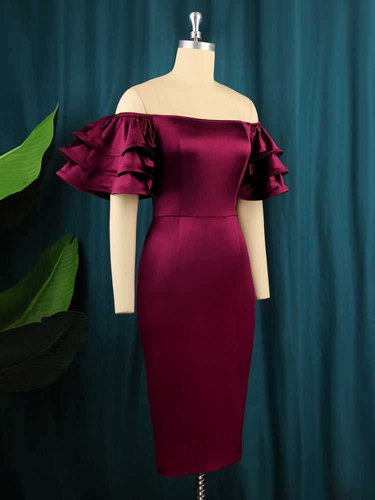 Vintage Women Burgundy Party Dress Bare Shoulder Flare Sleeves Bodycon Knee Length Dress Elegant Ladies Cocktail Evening Gowns
