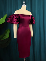 Vintage Women Burgundy Party Dress Bare Shoulder Flare Sleeves Bodycon Knee Length Dress Elegant Ladies Cocktail Evening Gowns