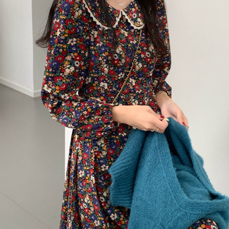 Long-sleeved retro printed dress women's full-court sweet Peter Pan collar elegant women's  students full-court aesthetic autumn