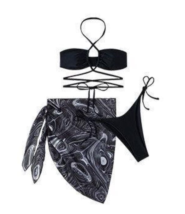 New drawstring strap skirt mesh split bikini with chest pad no steel support three-piece swimsuit bikini