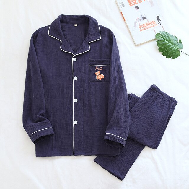 Cotton Crepe Pajamas Set For Women New Spring And Autumn Cloth Couple Long-Sleeved Suit Men Home Service Plus Size Nightgown