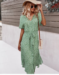 Women Flower Dress 2023 Summer Casual Short Sleeve Button Up Holiday Midi Dress Women V Neck Beach Boho Style Dress Elegant Robe