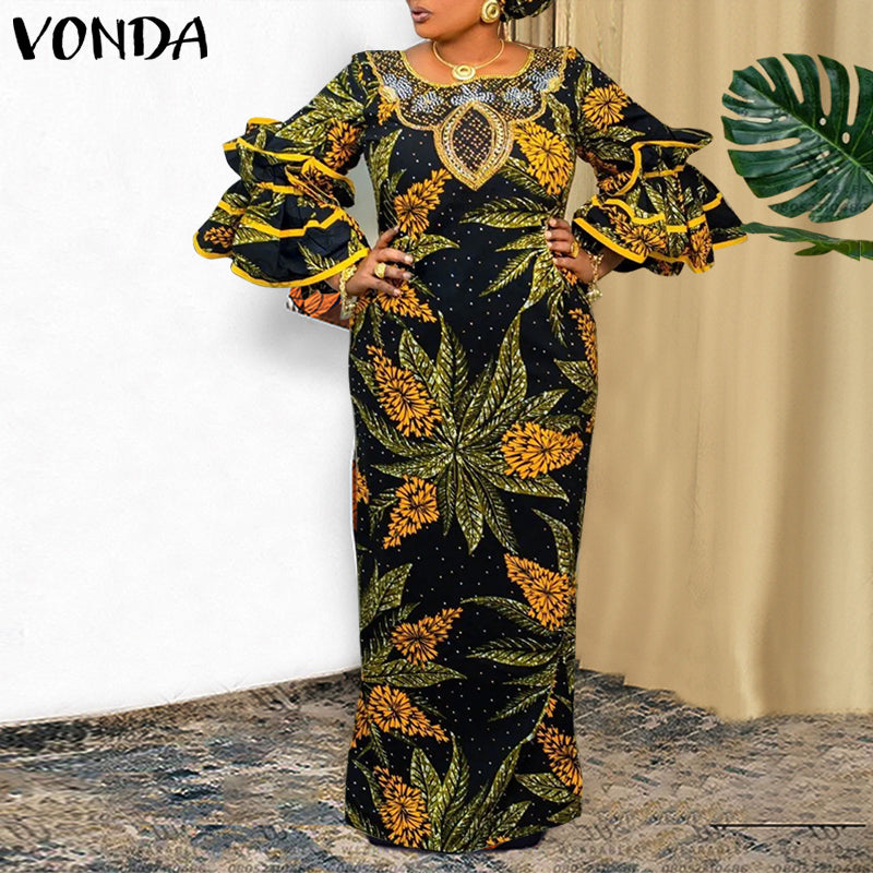 فوندا فساتين نسائية بوهو كلاسيكية مطبوعة بنمط عشوائي فساتين طويلة طويلة مكشكشة غير رسمية فضفاضة ورقبة دائرية وأكمام طويلة مرقعة