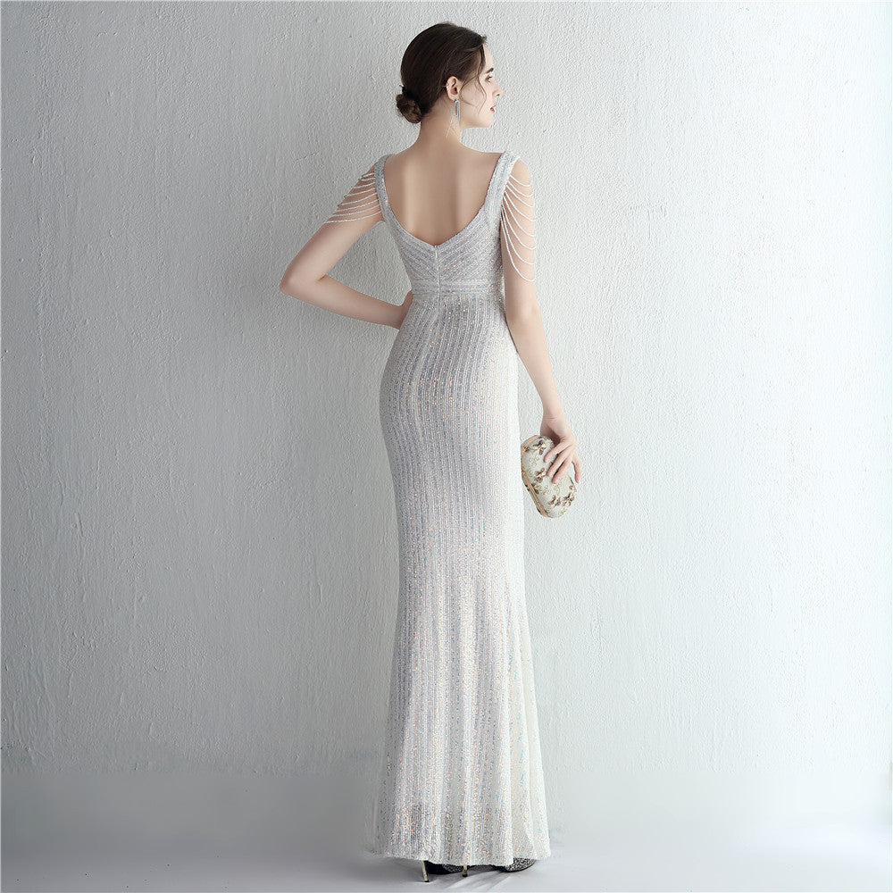 New sequined ladies banquet temperament V-neck show figure long aura queen dinner fishtail skirt