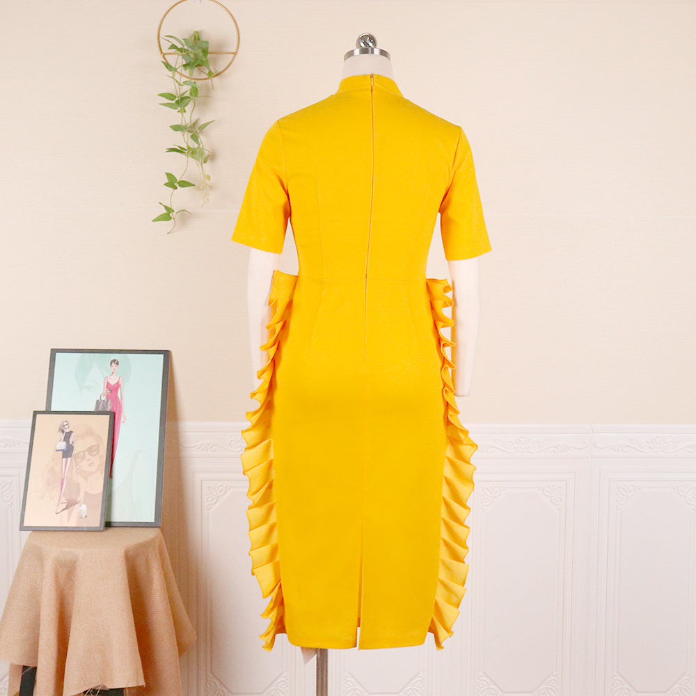 Women Bodycon Dress Short Sleeve High Waist V Neck Ruffles Office Lady Classy Work Wear Evening Party Robe Plus Size Summer New