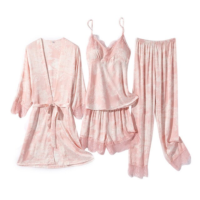 4pcs/Set New Sexy Lace Womens Kimono Pajamas Sets Robe Bath Gown Strap Top Shorts Sleepwear Lady Homewear Nightgown Suit Pijamas