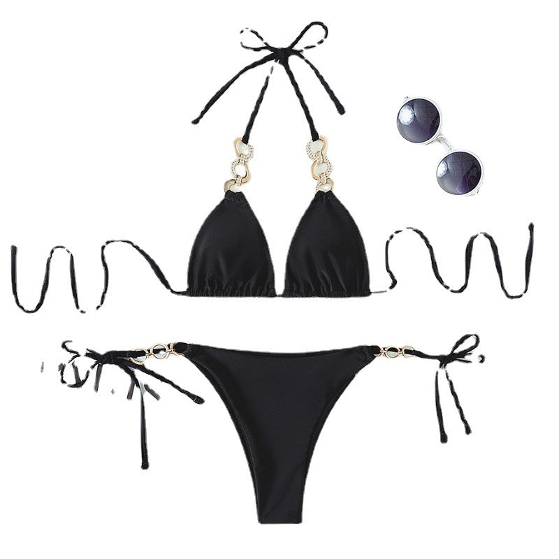 Explosive style chain split swimsuit with diamond accessories, European and American new style strappy triangle bikini foreign trade wholesale swimwear