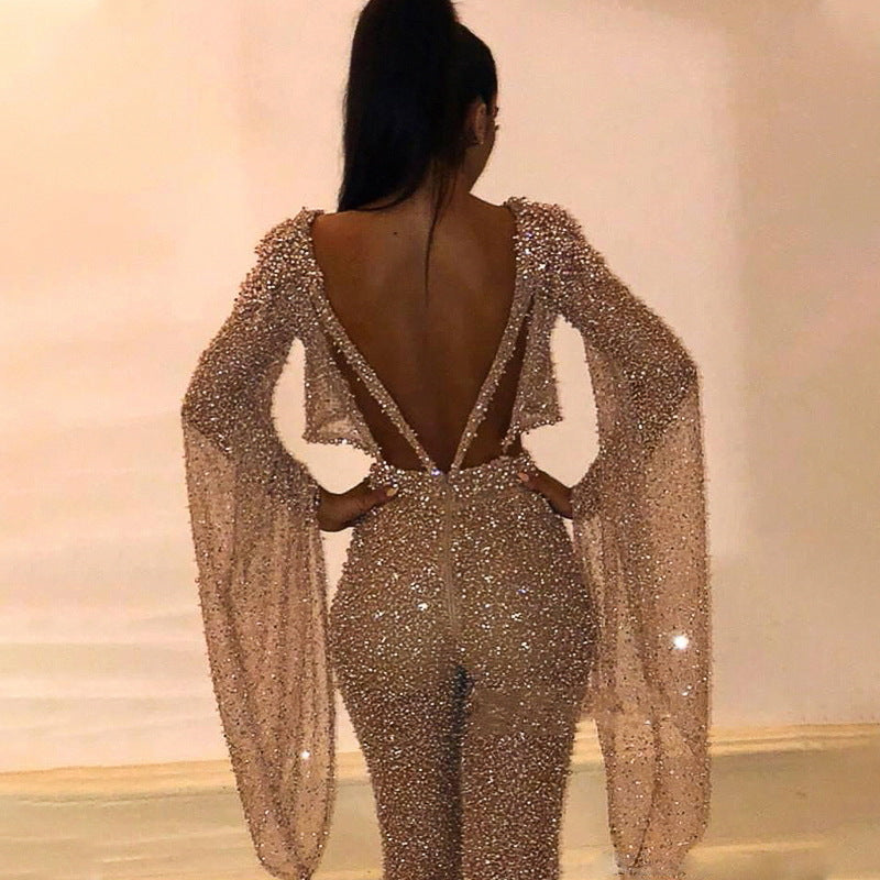 New European and American foreign trade women's Amazon hot stamping round neck bat sleeve top jumpsuit fake two new