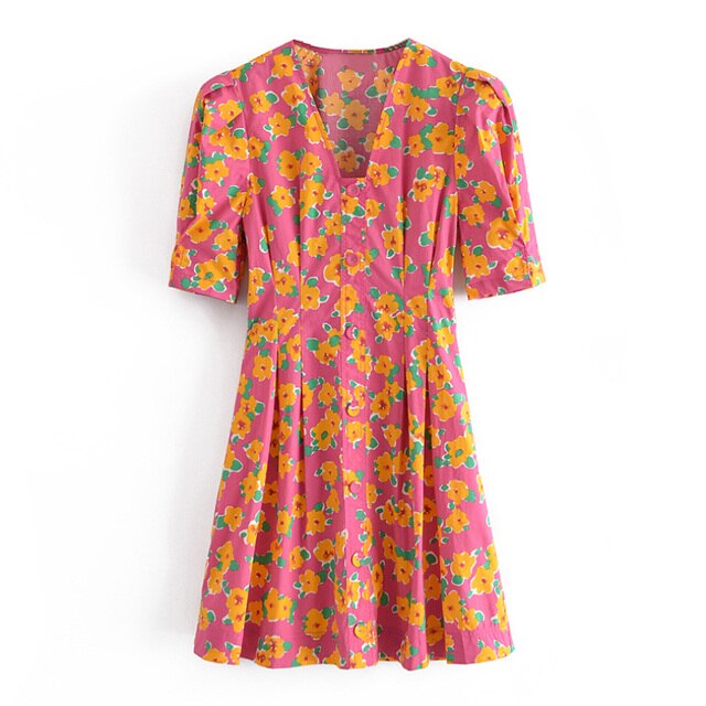 فستان قصير موضة 2021 للسيدات بنمط بوهو مطبوع عليه زهور فستان حفلات بأكمام قصيرة فساتين صيفية بطيات ورقبة على شكل V 