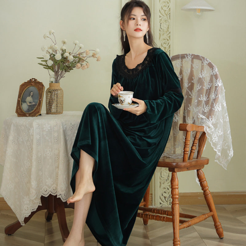 Women Winter Warm Night Dress Vintage Lace Round Neck Plus Size Nightgown Thicken Long Sleeve Thermal gold velvet pajamas court style dress Sleepwear