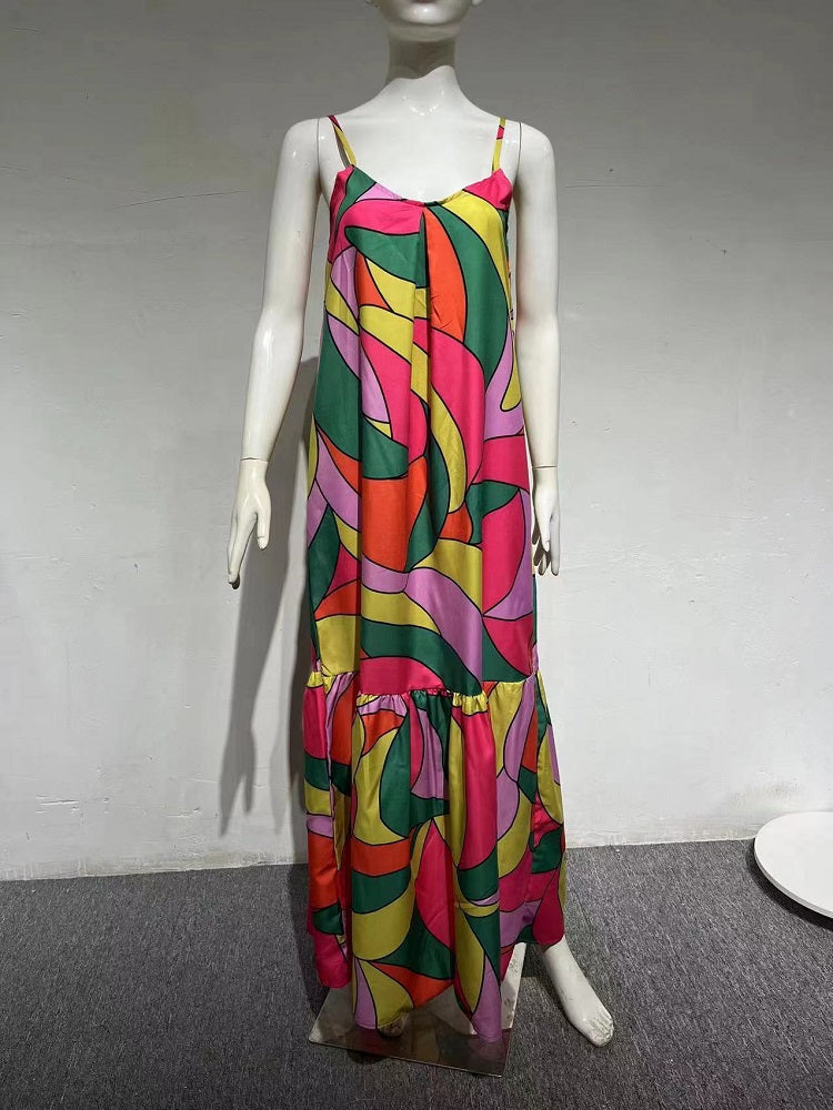 2023 الربيع والصيف الأوروبية والأمريكية الجديدة ركاب نمط فستان فرنسي عميق الخامس الرقبة عارية الذراعين الحمالات فستان مُزين بطباعة 