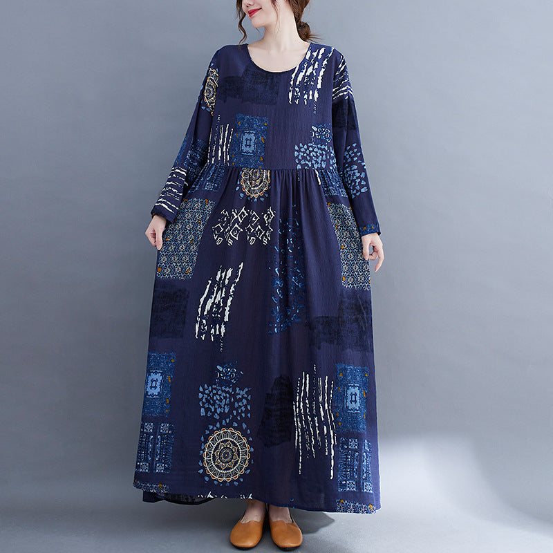 Large size women's clothing 2022 early autumn new literary and artistic large size fat MM plus fertilizer to increase printing long-sleeved dress