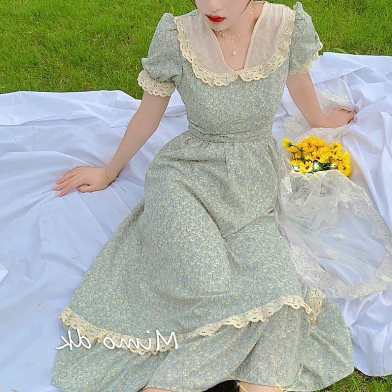فستان أنيق متوسط ​​الطول بنقشة الزهور للسيدات فستان فرنسي غير رسمي 70s بطباعة نحيفة دانتيل من طابق واحد للشاطئ بوهو 3-3