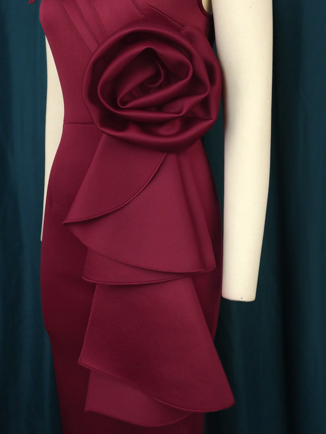 AOMEI Party Evening Dress Women Burgundy Midi O Neck Sleeveless Flower Ruffles High Waist Bodycon Wedding Cocktail Event Gowns