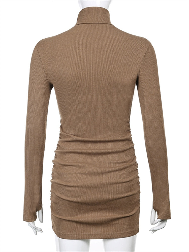 Brown Rib Knit Turtleneck Turtleneck Long Sleeves Sock Dress Women Spring 2022 Bodycon Ladies Short Black Sheath Mini Dress