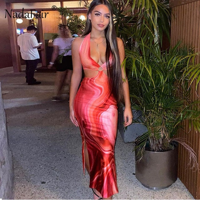 Tie Dye Summer Dress Women Waist Cut Out Backless Halter Robe 2021 Festival Clubwear Bodycon Sexy Party Maxi Dresses