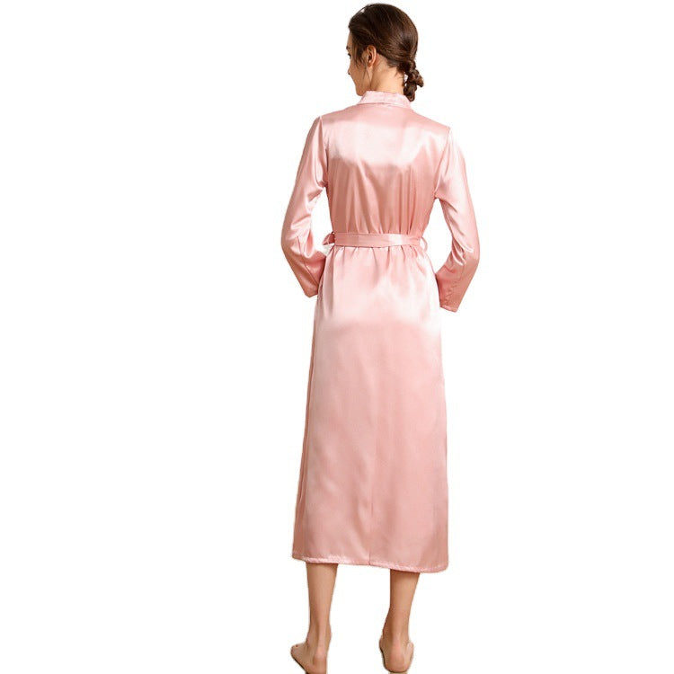 Simulated silk pajamas women's lapel long nightgown women's sexy pajamas bathrobe home service