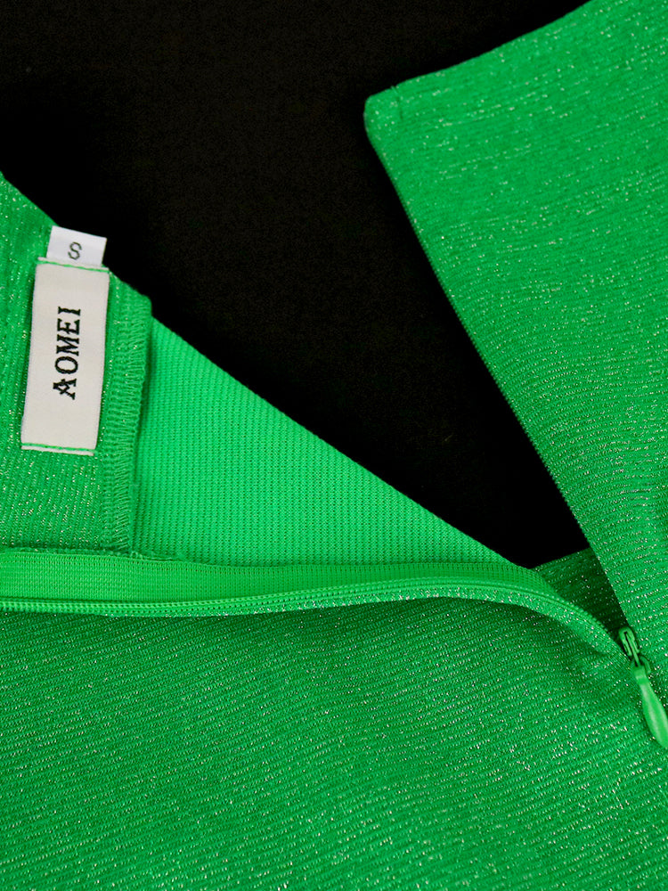 AOMEI Green Dress Bodycon Patchwork Mesh Party Mermaid Women Slim Short Lantern Sleeve Square Collar Elegant High Waist Event