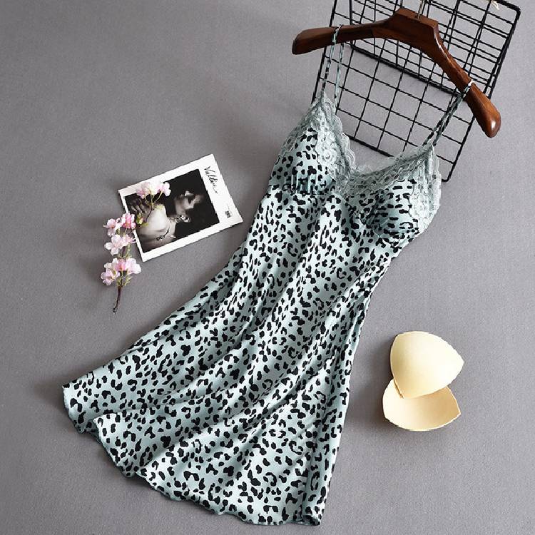 Lisacmvpnel Leopard Pattern Suspender Nightdress Women's Summer  Thin Silk With Bra Lace Nightgown