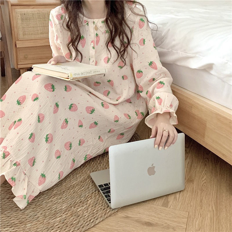 Cute Long Sleeve Nightgowns Women Sleepshirts Ruffle Tender Strawberry Print A-line Nightdress Girls Midi Autumn Sweet Sleepwear