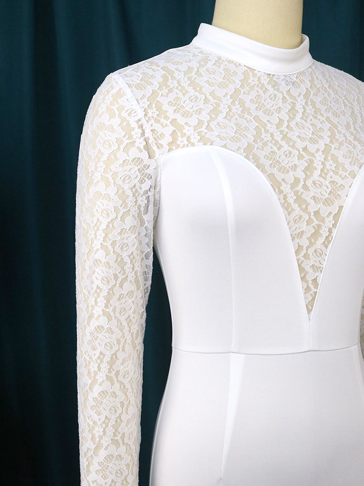 AOMEI White Bodycon Lace Dress Women High Neck See Through Deep V Long Sleeve Elegant Midi Robes Party Evening Wedding Event New